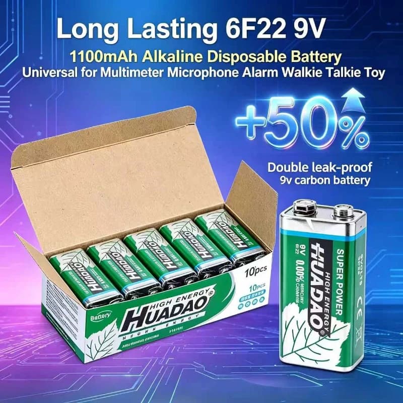Batteria Alcalina 6F22 9V 1100mAh a Lunga Durata, Universale per Multimetro, Microfono, Sveglia, Walkie Talkie, Giocattoli