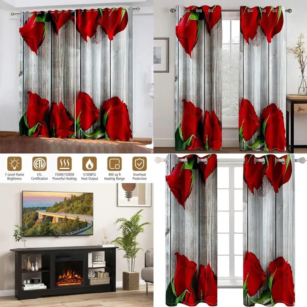 Transparent panels for Boho window curtains with green red flower pattern and wooden board design, 92 L x 108 A (234x274 cm)