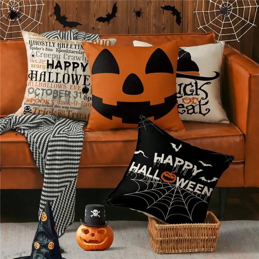Halloween Pillow Covers Set Of 4 Spider Web Happy Halloween Decorations Jack-O-Lantern Pumpkin Throw Pillow Covers Witch Hat Trick Or Treat Cushion Case For Sofa Couch, 16x16inch, 18x18inch, 20x20inch