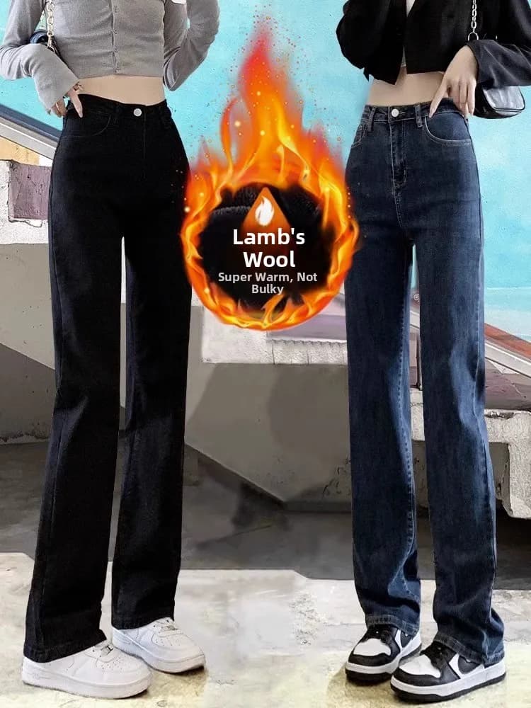 Jeans da Donna a Vita Alta e Gamba Dritta, Foderati in Pile, Effetto Snellente, Nuovo Stile Autunno Inverno, Versatili e Morbidi, Modello Cigarette