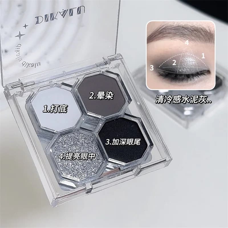 Set di 4 Palette Ombretti Stile Punk Europeo-Americano: Nero, Gelsomino, Grigio Cemento, Shimmer per Principianti