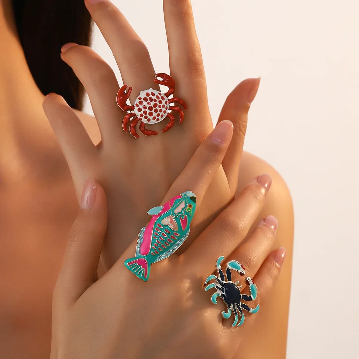 Cute contrasting crab fish ring, retro dripping oil marine animal open ring, summer seaside childlike fun