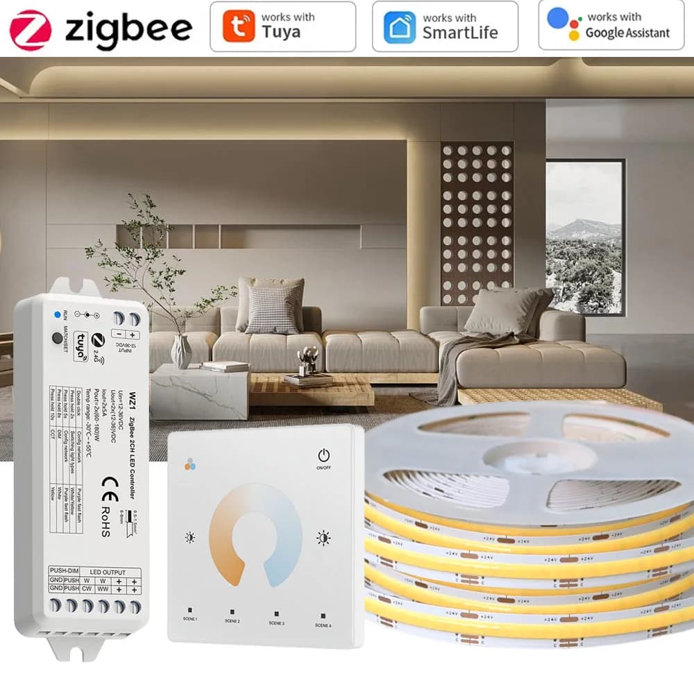10M 20M Tuya Zigbee 3.0 COB CCT Led Strip Dual White Room Light 2700-6500K RF Dimmer Touch Remote per Alexa Google SmartThings