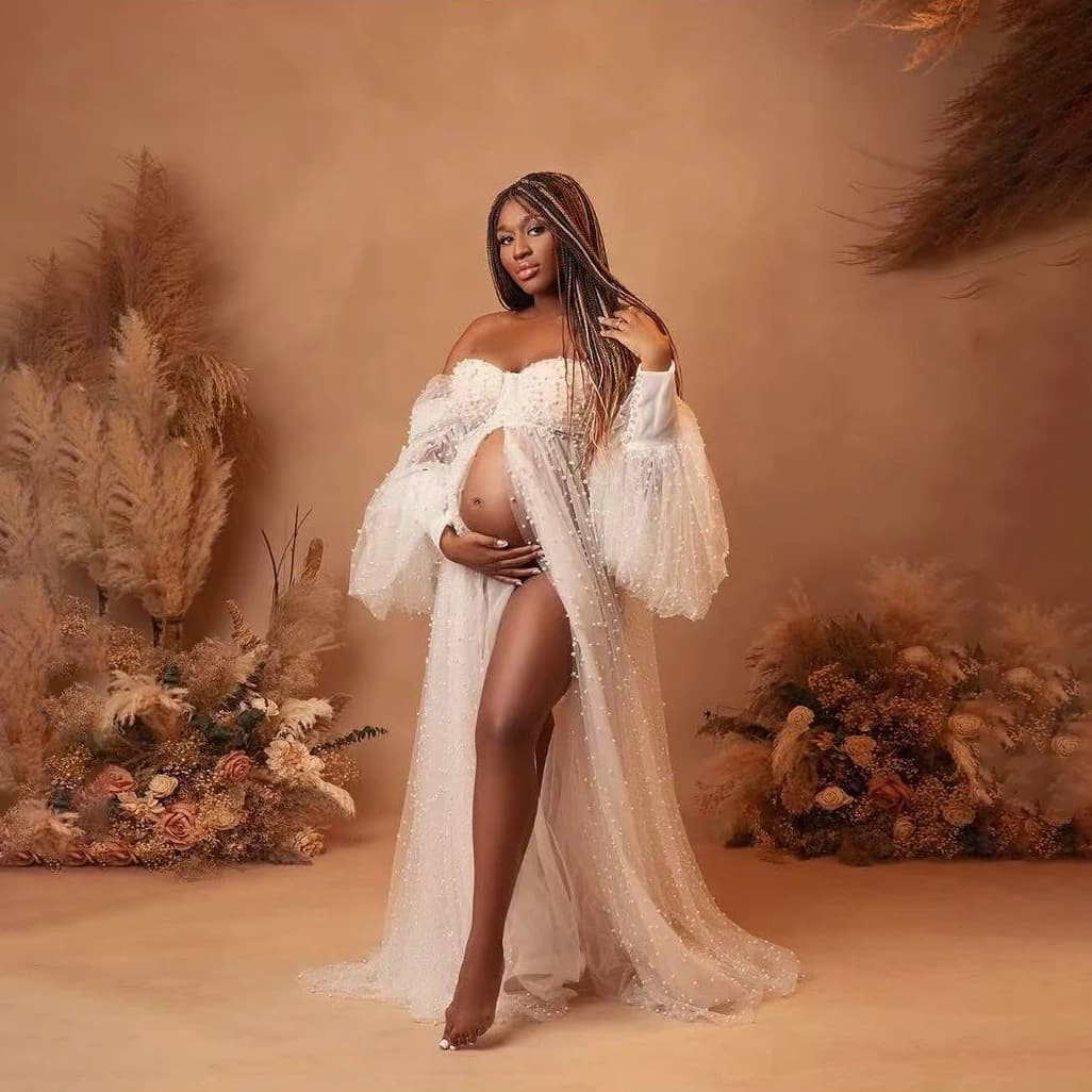 Maternity Dresses Long Maternity Dresses Photo Service Front Split Pregnancy Women Beads Bridal Bathrobe Pregnancy Dress Beads Sleeves in Tulle
