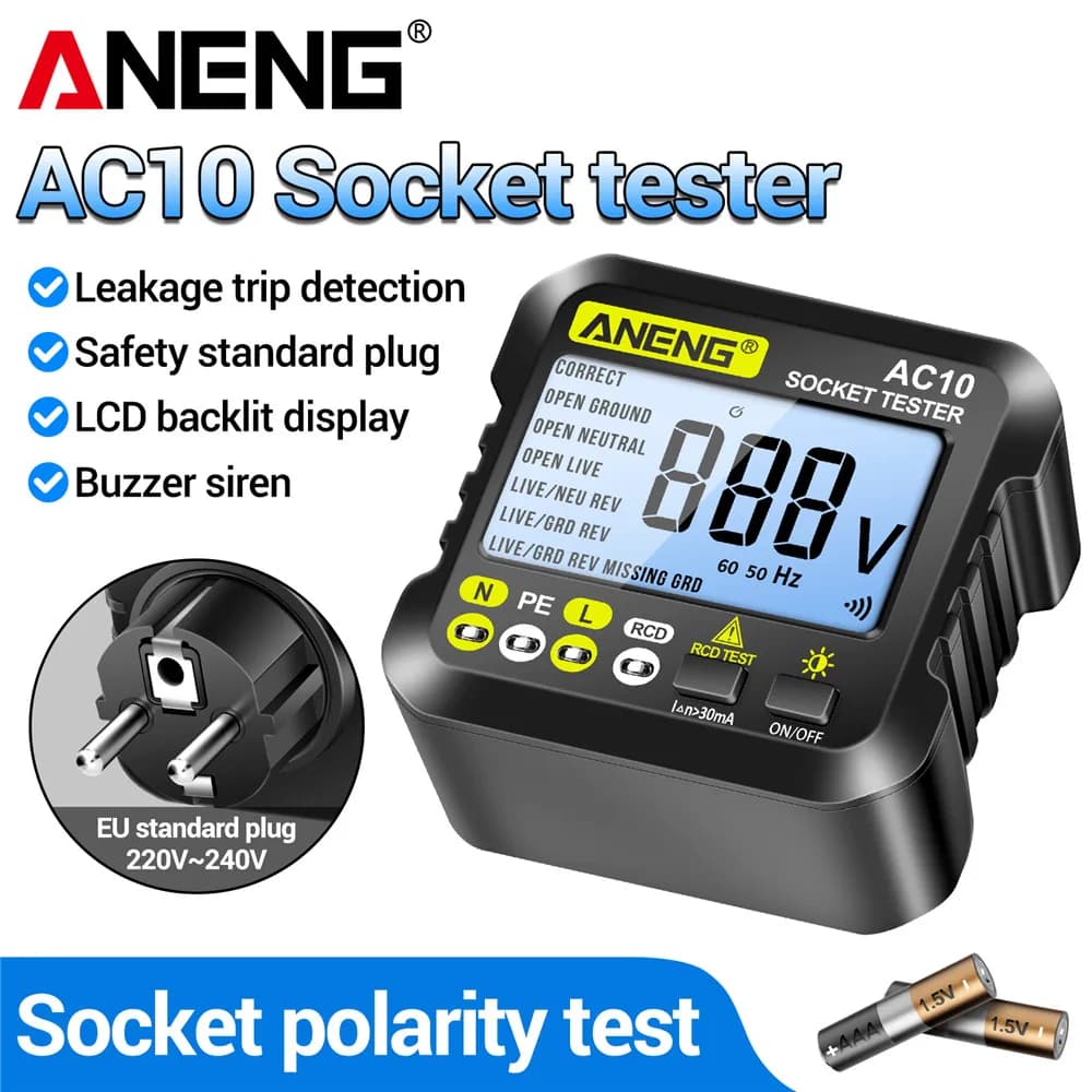 ANENG AC10 circuit board tester, ANENG AC10 digital detector with phase polarity and fire line verification display, US/EU plug, acoustic siren