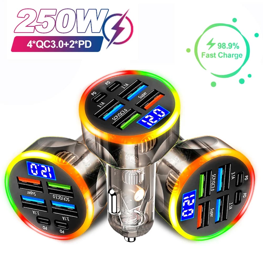 Caricabatteria da auto veloce da 250 W 6 porte Ricarica rapida PD Tipo C Adattatore USB A Custodia trasparente per iPhone 15 16 Pro Samsung S24 Xiaomi Poco