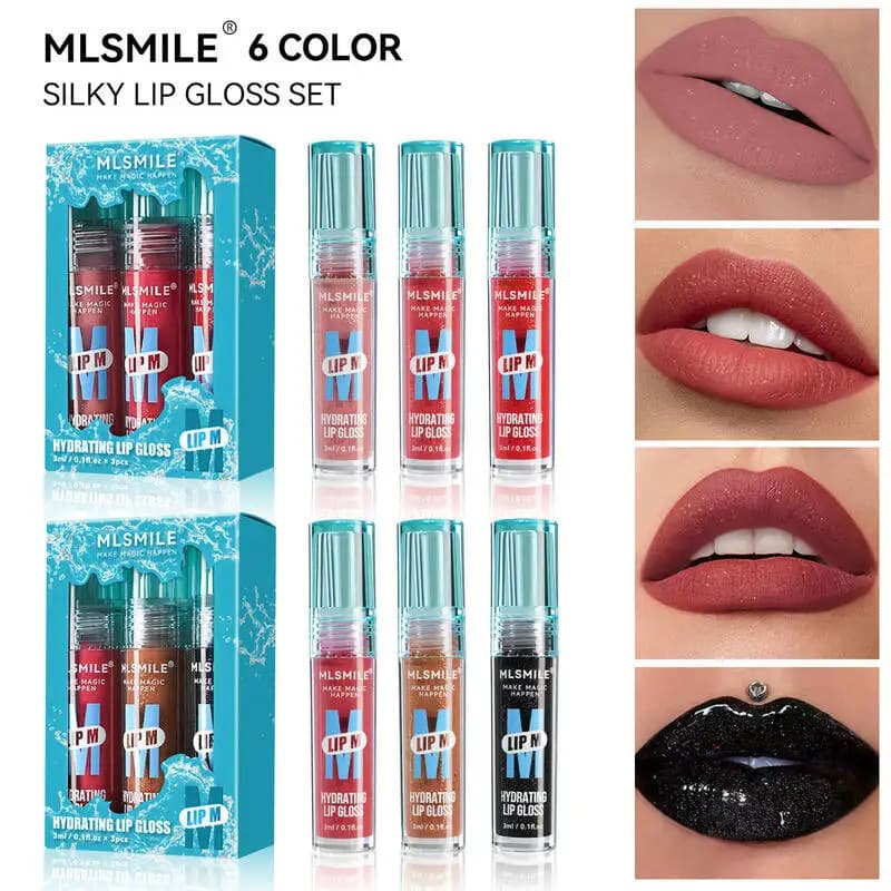 MLSMILE Set of non-stick cups with small blue bottle, set of sexy naked pearl glosses, 3 lips packaging