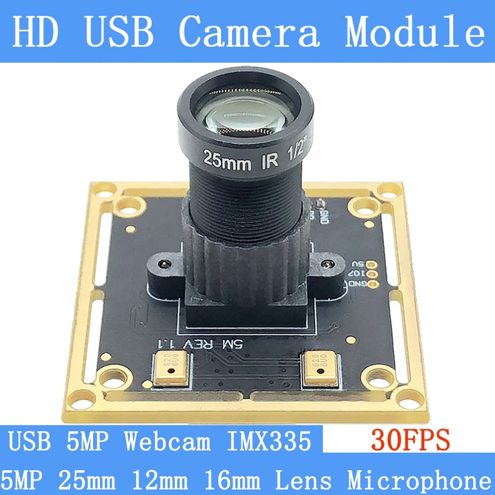 Puro Fisico 12mm 16mm 25mm Distorsione Zero CCTV Webcam HD 5MP IMX335 UVC 2592*1944 30FPS Modulo Telecamera USB Microfono