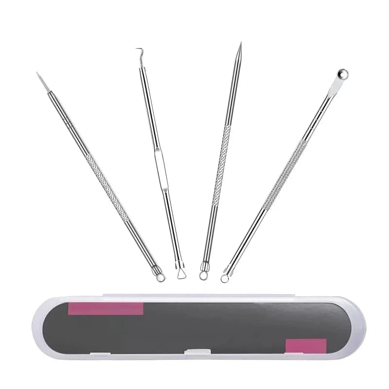Kit of 4 Black Points and Silver Comedones Extractors, for Removing Imperfections and White Points, Skin Care of Face with Storage Box