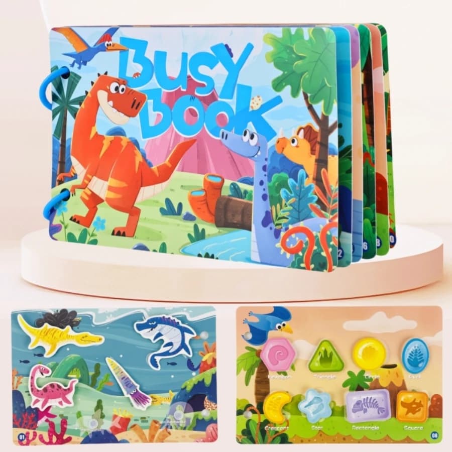 Libro interattivo per la prima educazione dei bambini, libro educativo silenzioso, giocattoli con adesivi riutilizzabili a tema dinosauri, abbinamento di forme di parole, classificazione di colori e cibo, giochi puzzle educativi, sviluppo delle abilità pratiche fai-da-te, adatto come regalo per ragazzi e ragazze dai 3 anni in su