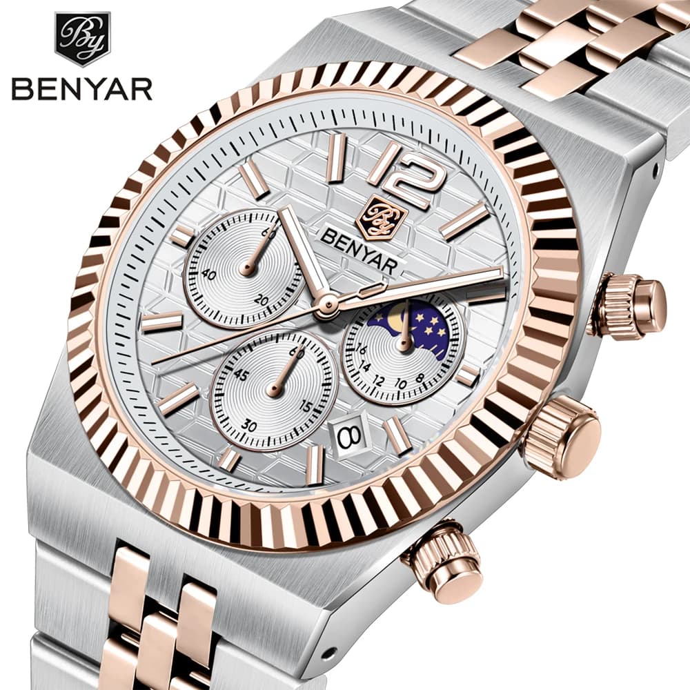BENYAR 5225 Fashion Men's Quartz Watch Multi Functional Calendar Waterproof Moon Phase Steel Belt Business Watches for Men