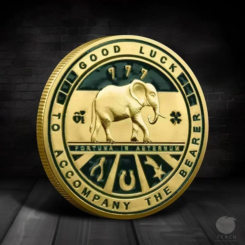 1 piece, Two-sided lucky coin - Collection Four leaves and elephants - Commemorative coin for happiness, success, health, peace and