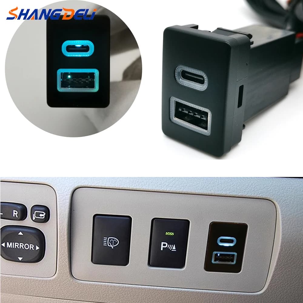 Auto Blu HA CONDOTTO LA Luce Doppia Presa Del Caricatore QC3.0 USB Tipo-C PD Presa di Ricarica Del Telefono Adattatore di Alimentazione Per Toyota LC120 Prado 16-20