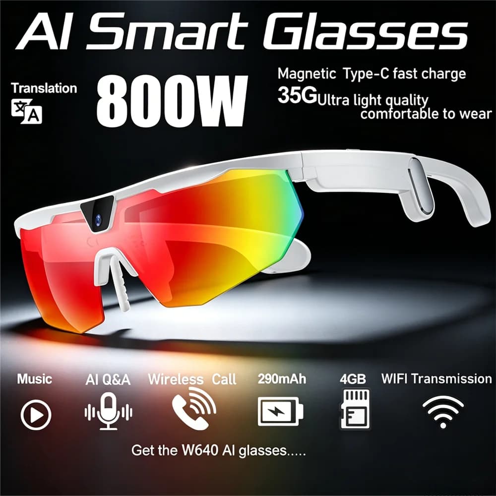 BT Cycling Sunglasses AI Voice Wake-Up Translation Smart Glasses 800W HD Anti-Shake Camera IP66 Dust/Water/Sweat Resistant
