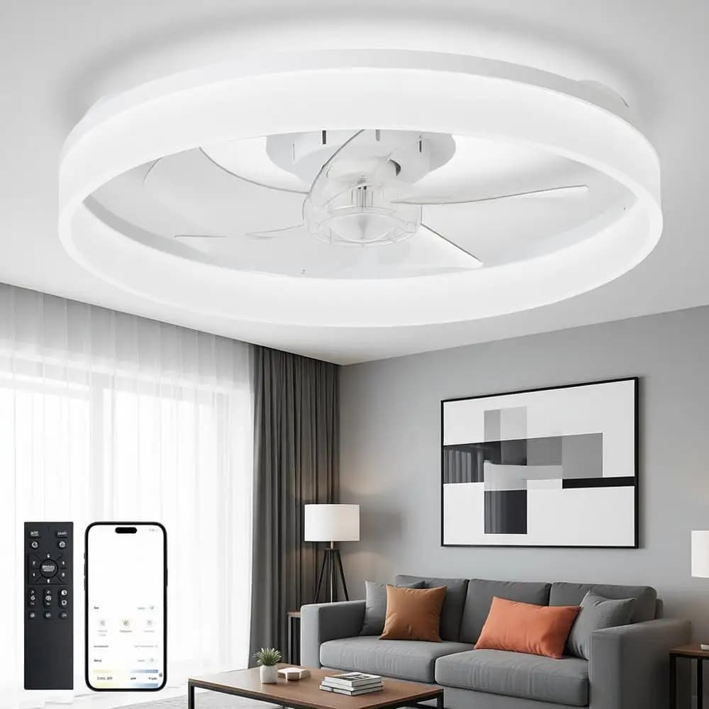 Ventilatore da soffitto a basso profilo Lush Mount da 20 pollici con controllo remoto tramite APP - Motore DC silenzioso dimmerabile a LED bianco per camera da letto e soggiorno