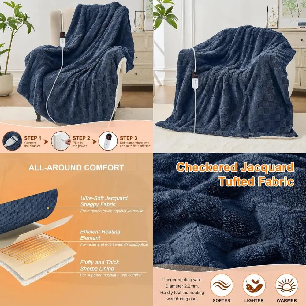 Coperta Elettrica Jacquard Sherpa Twin, 62x84, 6 Impostazioni di Calore, Spegnimento Automatico 10 Ore, Protezione da Surriscaldamento, Blu Navy