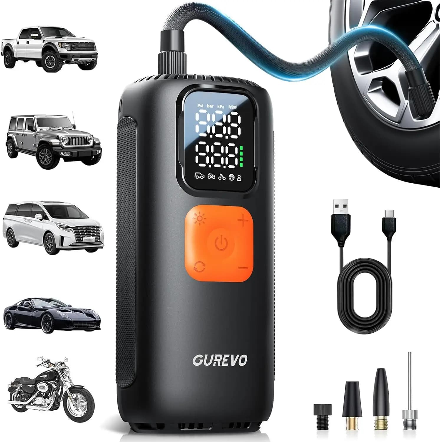 Gonfiatore portatile per pneumatici con manometro digitale, compressore d'aria veloce da 160 PSI per palla da bicicletta per auto, camion, moto