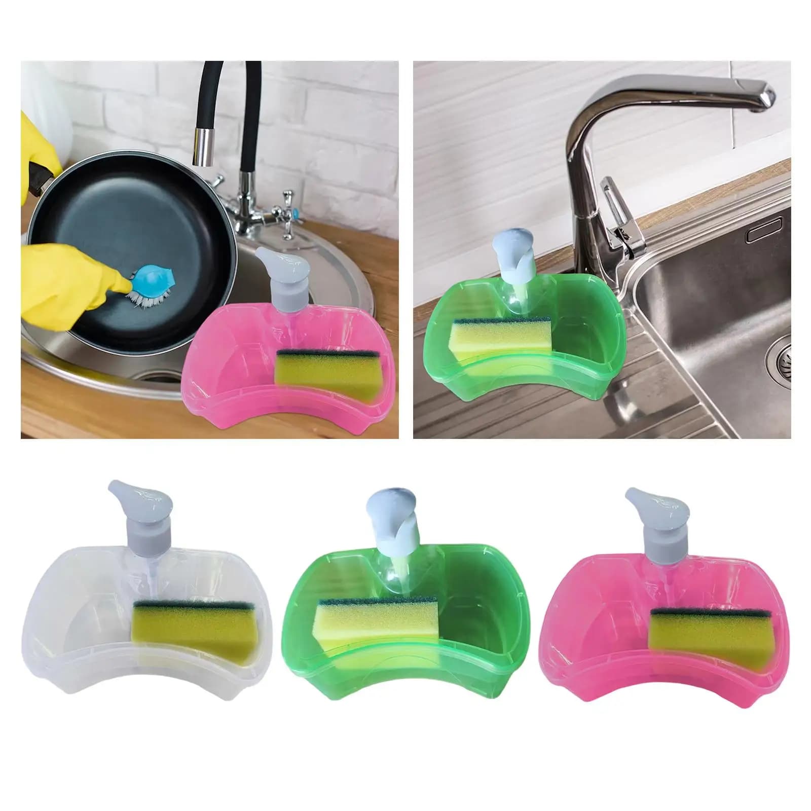 Dispenser di Sapone e Spugna (con Spazzola Inclusa) Contenitore Multiuso Anti-Goccia per Liquidi Detergenti per Banconi di Hotel