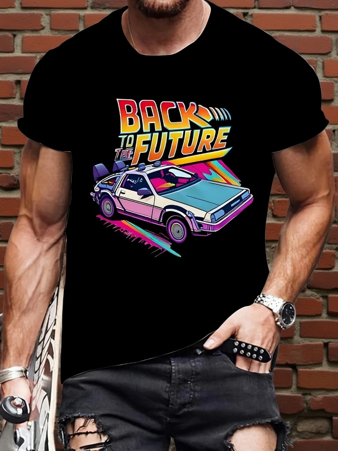 T-shirt casual da uomo con design auto, adatta per adulti, a maniche corte per l'uso quotidiano. Stile classico.