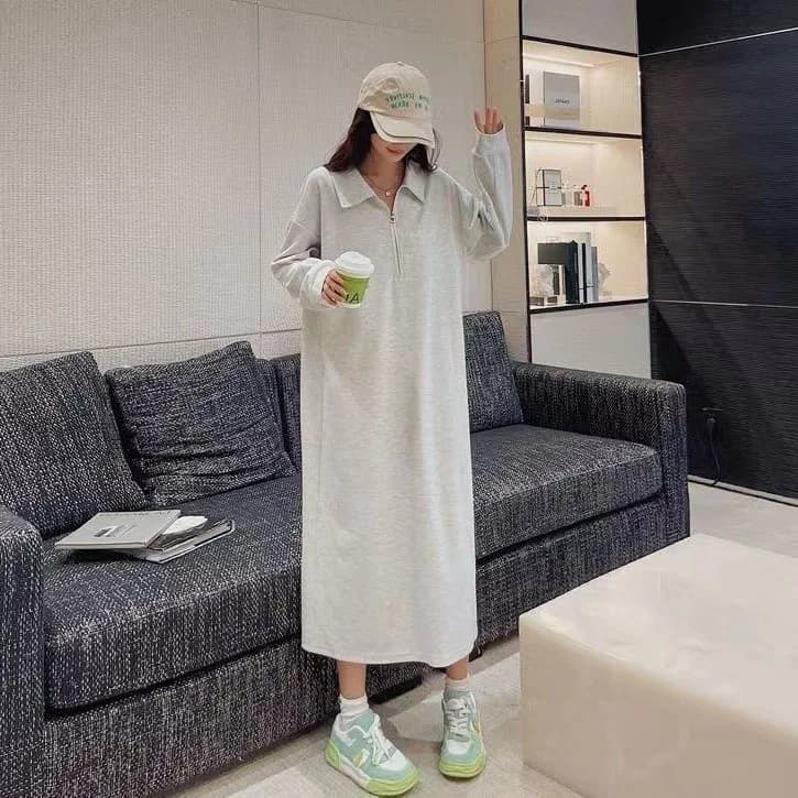 Abito Felpa Oversize Casual da Donna Autunnale, Stile che Copre le Fianchi e Nasconde le Forme, Gonna Comoda a Maniche Lunghe di Media Lunghezza