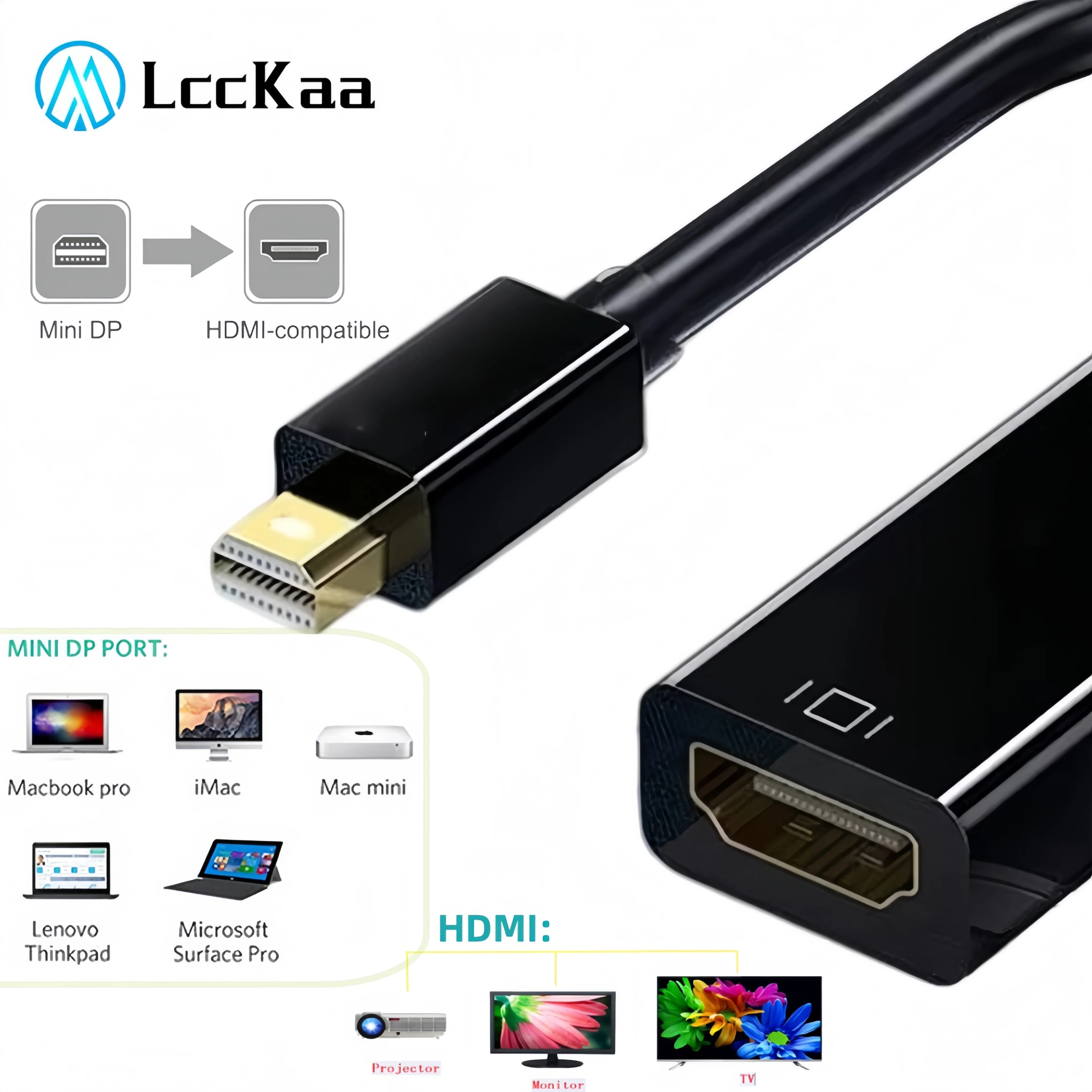 LccKaa Mini DP compatible converter cable to HDMI 1080P 4K Thunderbolt 2 Mini DisplayPort HDMI Adapter for MacBook Air Pro