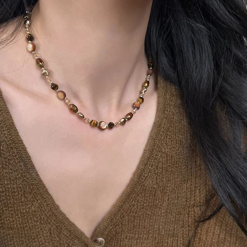 Vintage Brown Natural Tiger Eye Stone Choker Necklace For Women Trendy Handmade Beaded Chain Necklace Jewelry Gift