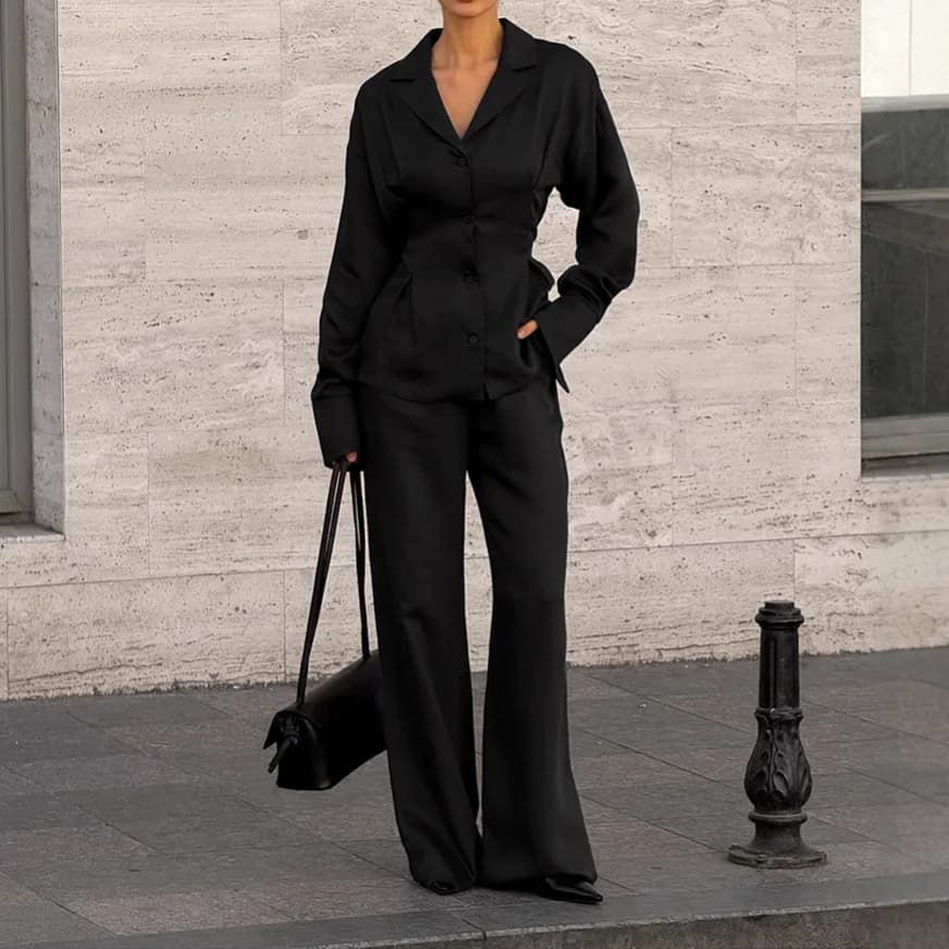 2026 New suit long sleeve trousers with waist belt for women Two workpieces Office Lady Pant Set Black Shirt Top and Coordinated Pants