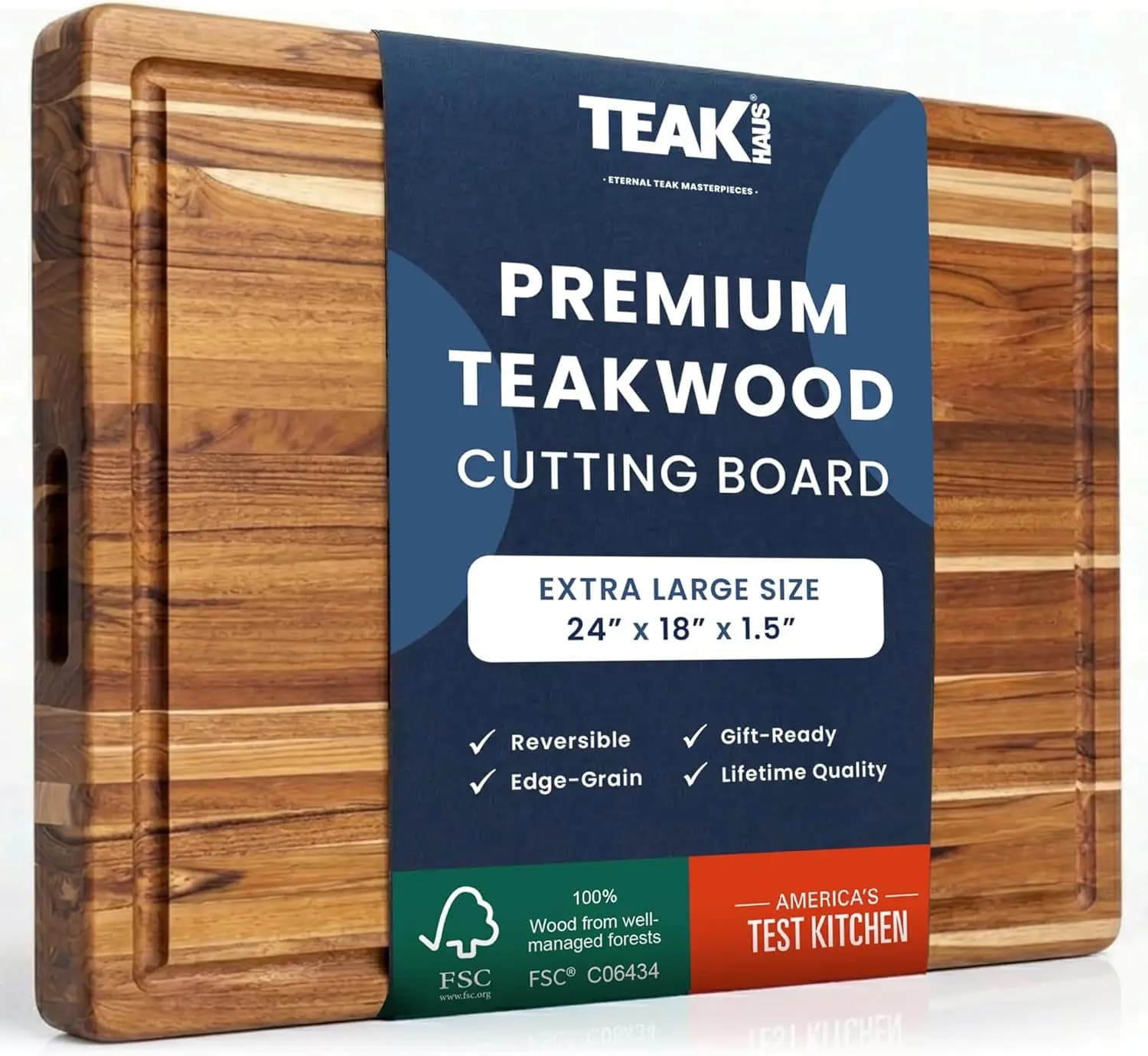 Tagliere Extra Large in Legno di Teak con Scanalatura per Succhi, 24x18x1.5 Pollici, Rispettoso dei Coltelli, Reversibile, Certificato FSC