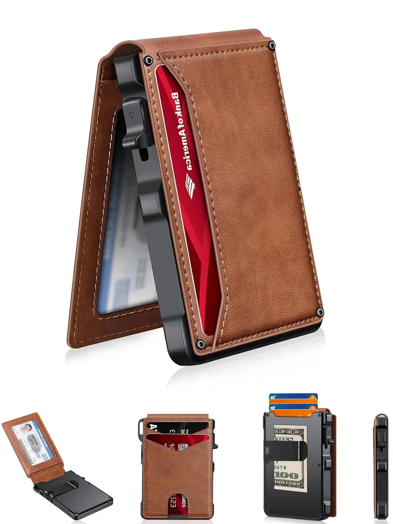 RFID Blocking Minimalist Slim Mens Wallet Aluminum Pop Up Credit Card Holder Bifold Thin Smart Metal Wallet With Money Clip ID Window Front Pocket Purse