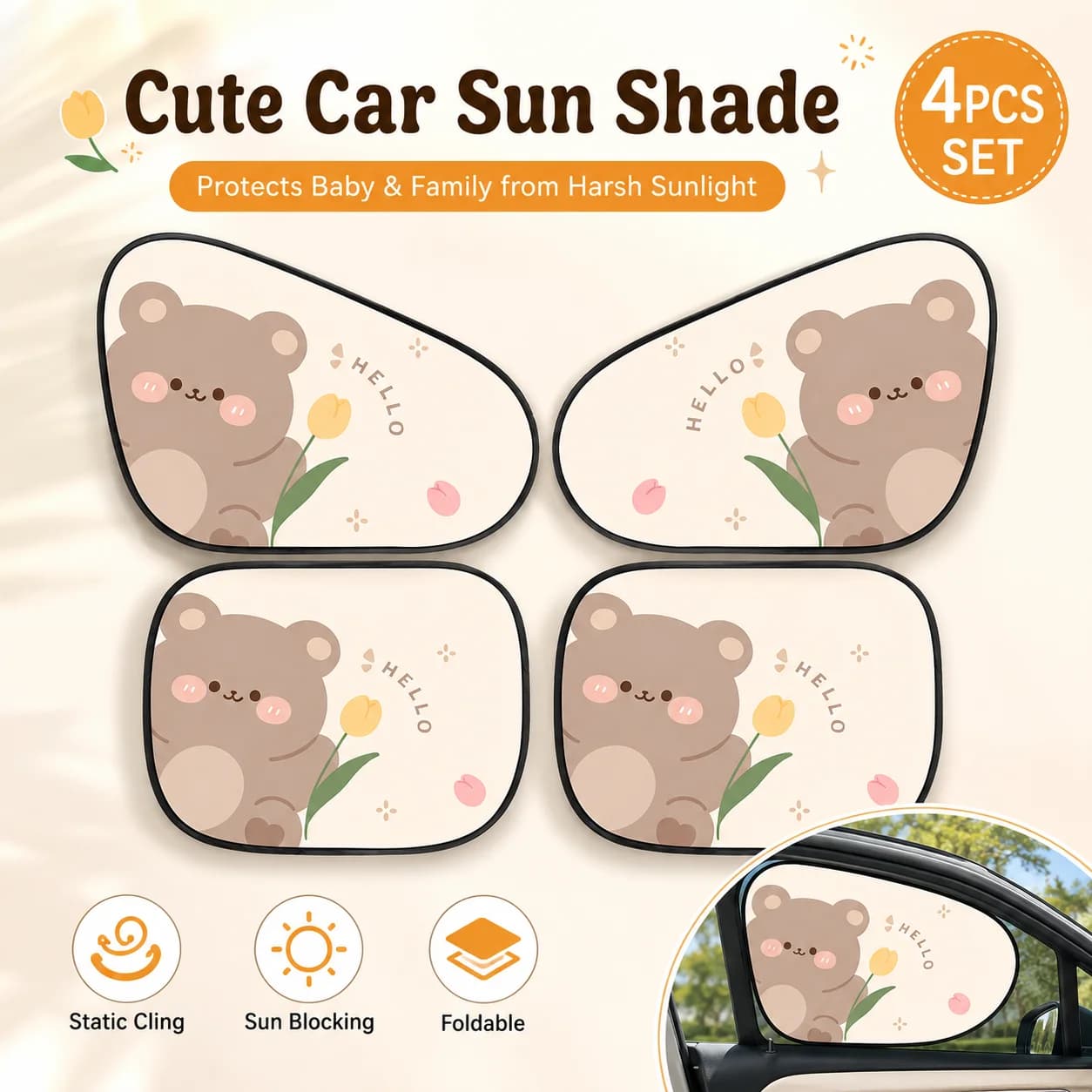 Cute Cartoon Car Sun Shade 4PCS Set – Static Cling Side Window Sunshade, UV Blocking Baby Car Curtain, Foldable Car Window Cover