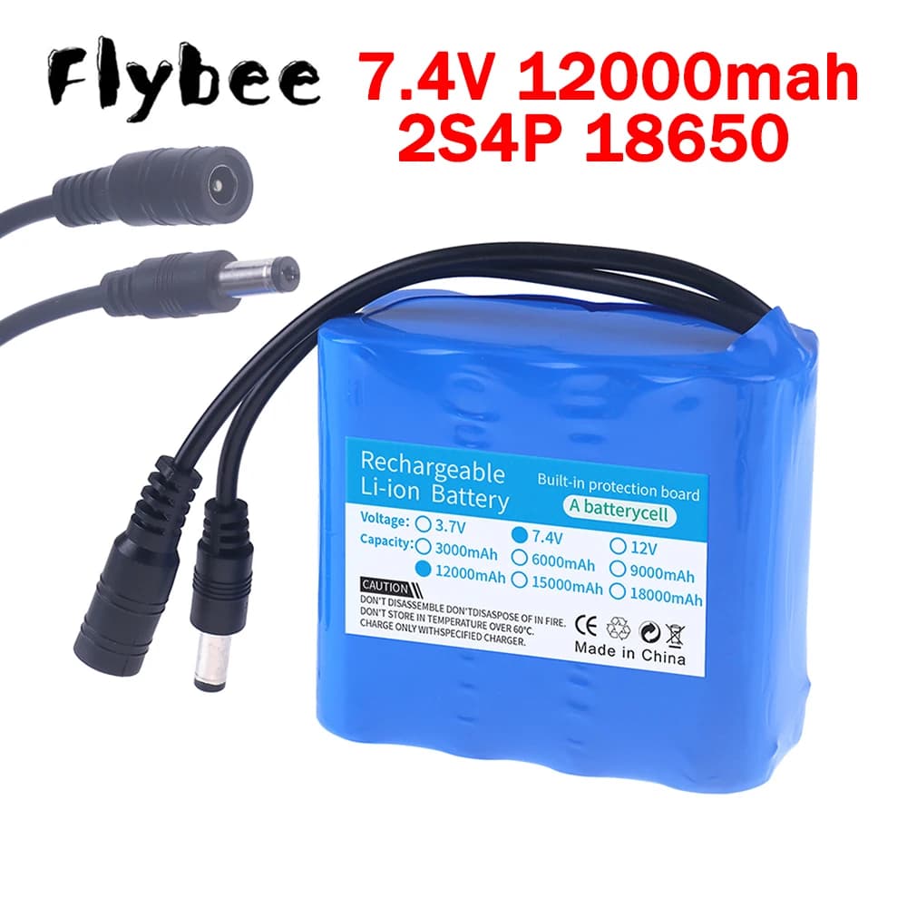 Batteria al litio 2S4P 18650 7.4V 12000mAh per barca con esche da pesca RC, luci a LED da pesca, luci per biciclette, audio, altoparlante Bluetooth