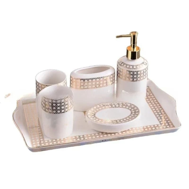 Set di accessori da bagno in ceramica, sei pezzi, in porcellana Bone China, per WC, spazzolino, tazza per collutorio