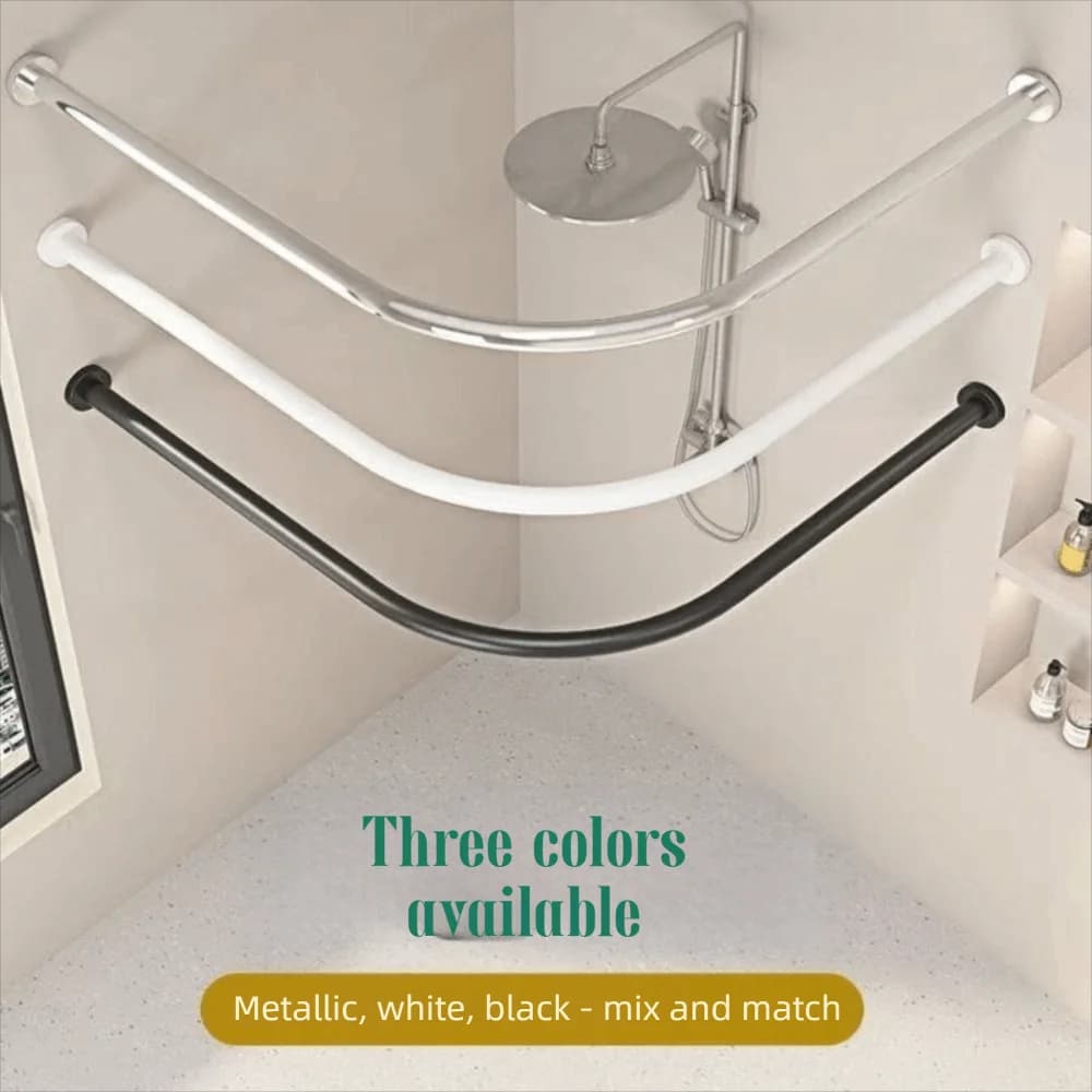 L Shaped Shower Curtain Rail No Drilling Stainless Steel Corner Shower Rail Anti-Slip Rubber Pads Adjustable Structure