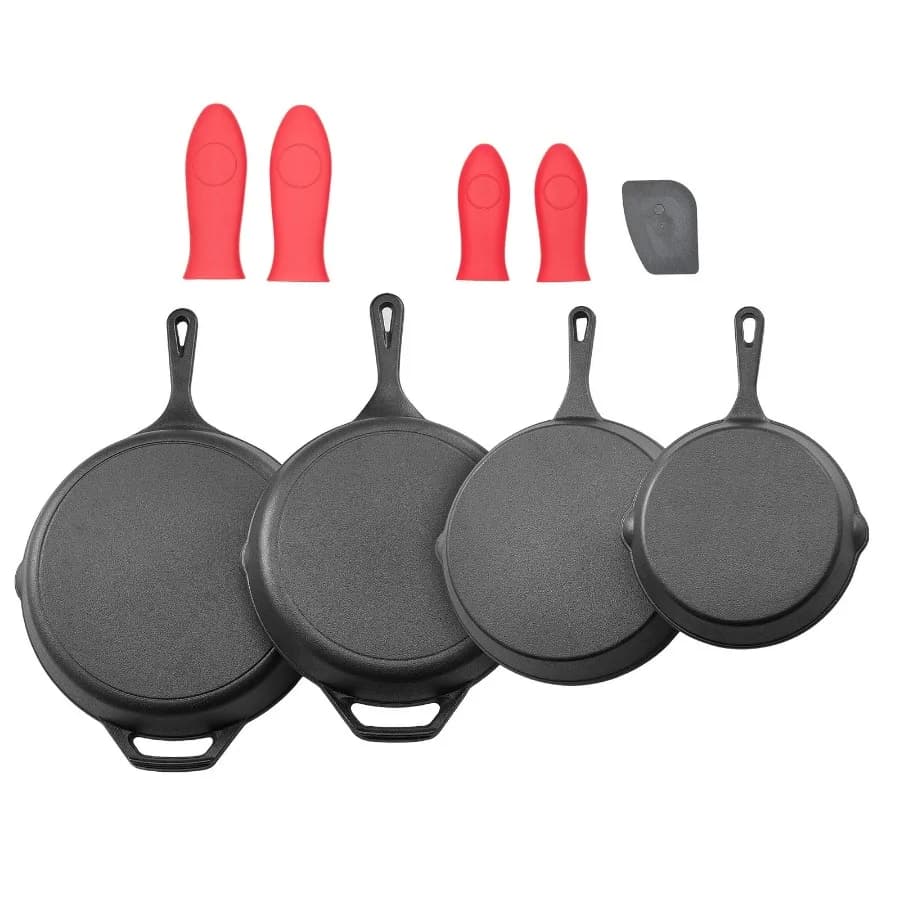 Cast Iron Skillet Set 4-Piece Frying Pan Collection 6 8 10 12 in Pre-Seasoned Pans with Silicone Handles Versatile Cookware for