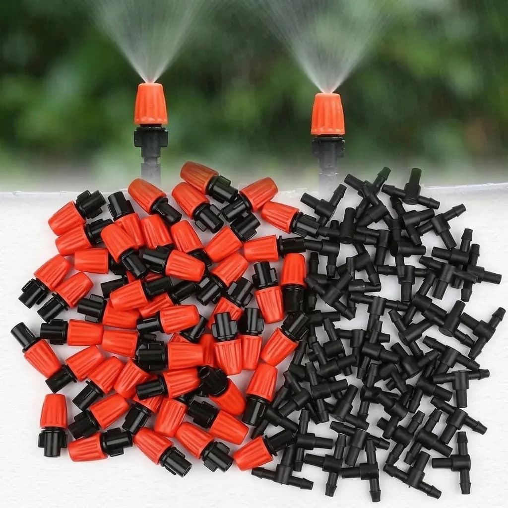 Garden Greenhouse 4/7mm Hose Sprayer Watering System With 7.5-10L/H T-Type Orange Adjustable Misting Nozzle And 1/4 Inch Tee