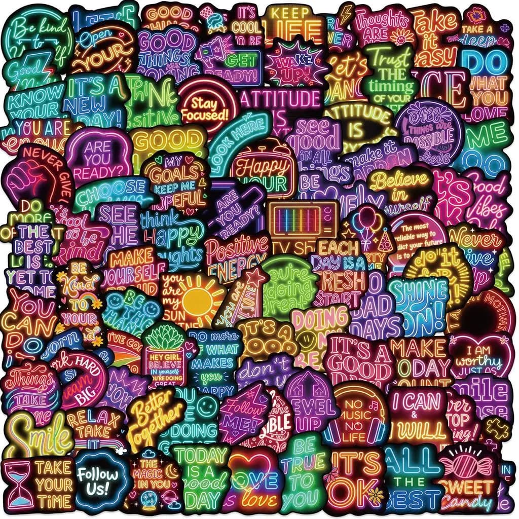 50/100Pcs Neon Positive Affirmation PVC Stickers Waterproof for Luggage Water Bottle Phone Case Giajar Sticker Store