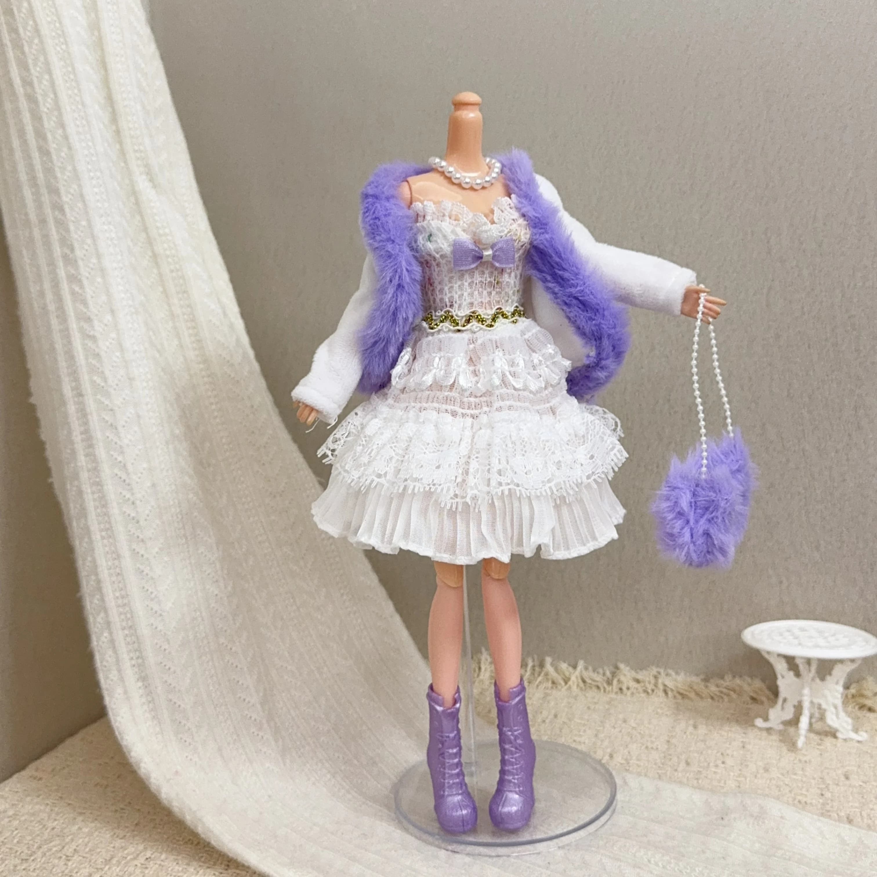 1/6 Doll Clothes Accessories Sweet Lolita Tiered Cake Dress+Coat+Pearl Necklace+Boots For 30cm FR Babi Supermodel Doll Dress Up