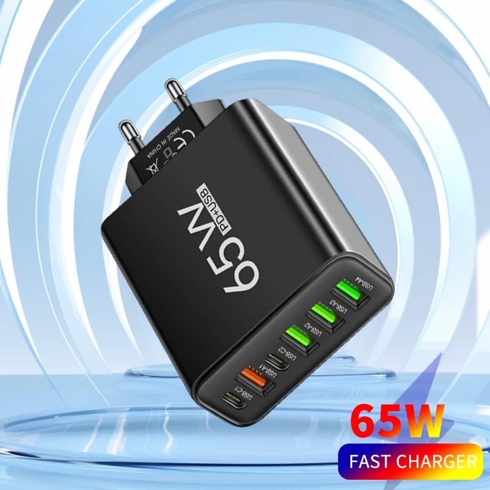 Total 65W USB C Type C Charger Multi 6 Ports Fast Charging QC3.0 Mobile Phone Wall Adapter for iPhone 17 Pro Max Xiaomi Samsung