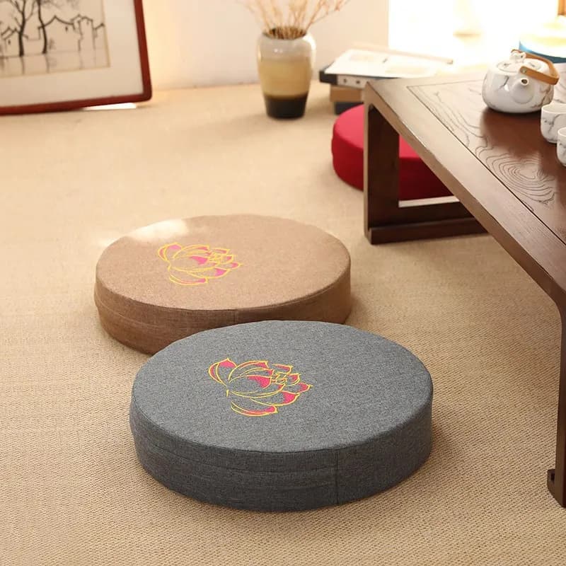 Thickened Linen Embroidery Meditation Cushion for Tatami Bay Window Floor Seating Removable & Washable Cover Home Meditators