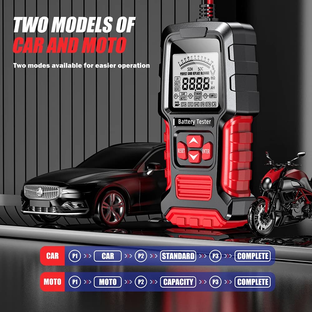 FOXSUR FBT-300 Rosso Tester Batteria Auto 12V/24V Analizzatore Digitale LCD Strumento di Test Tensione e Carica per Auto Camion Moto