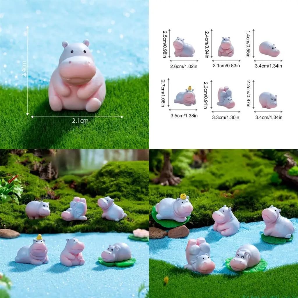 581C Hippo Miniature Figurines Set of 6 for Home and Garden Plant Pots Decoration