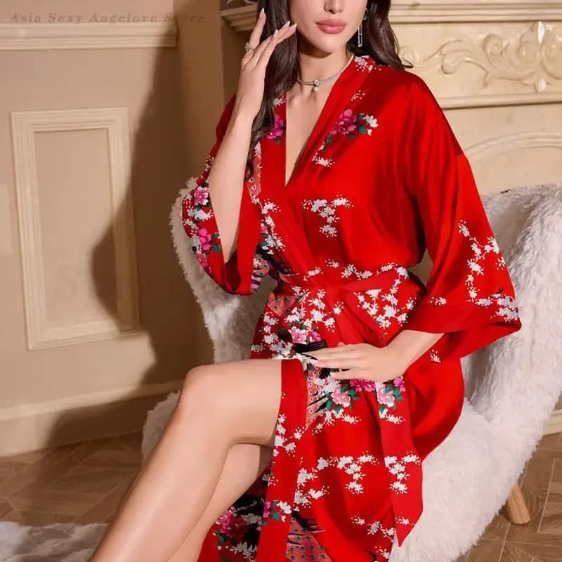 Silky Satin Long Nightgown Print Flower Lady Sexy Robe Sleepwear Red Night Dress Bath Gown Bride Bridesmaid Wedding Kimono Gown