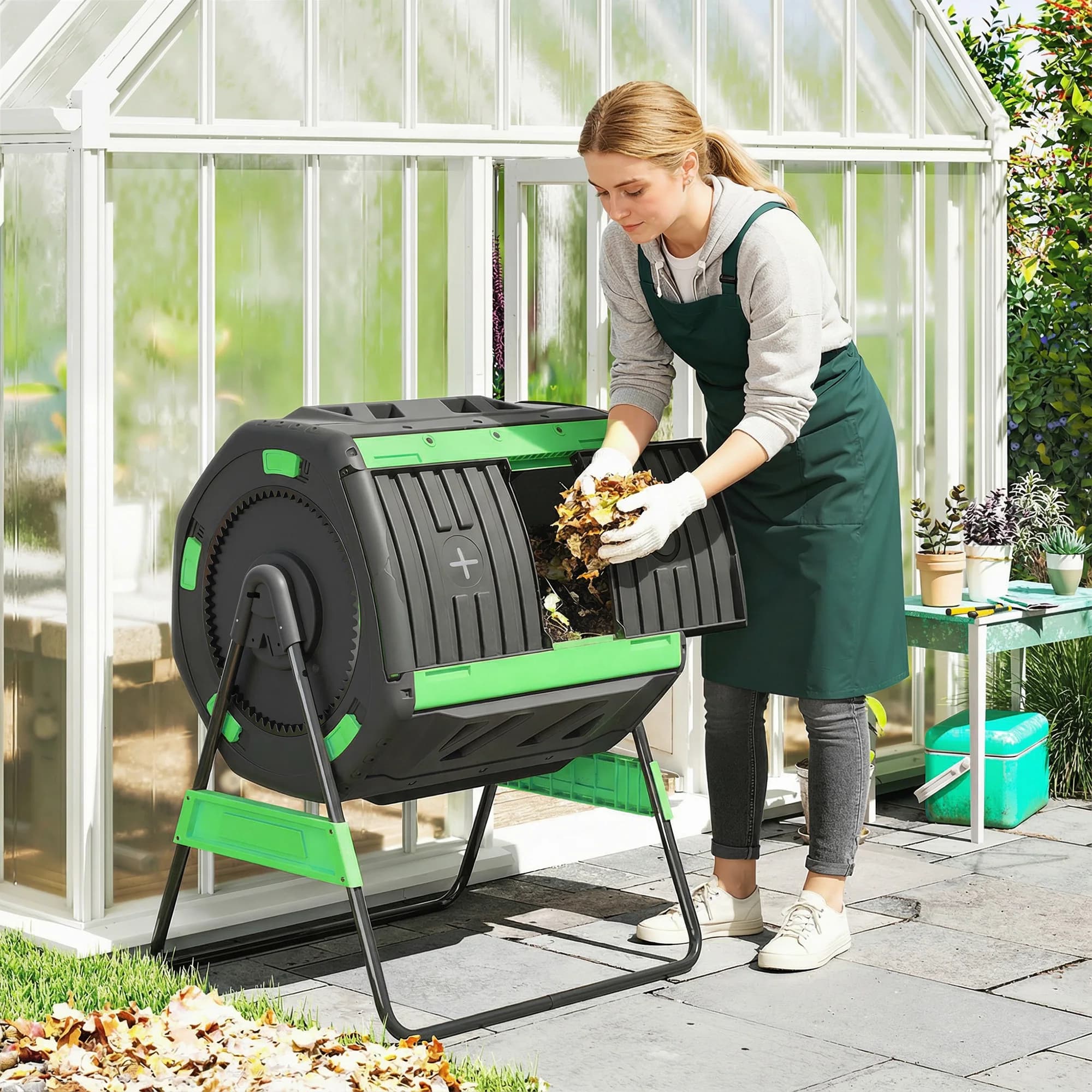 Compostiera a Doppia Camera da 53 Galloni per Esterni con Ventole Regolabili, Rotazione a 360°, Senza BPA, Verde, per Giardino