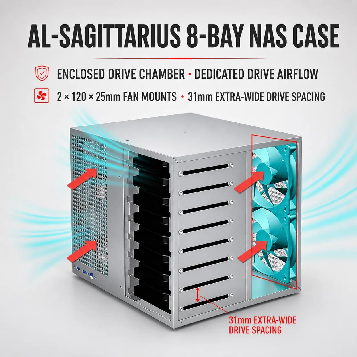 Sagittarius Aluminum Panel 8 Bay NAS Case Home Server Chassis