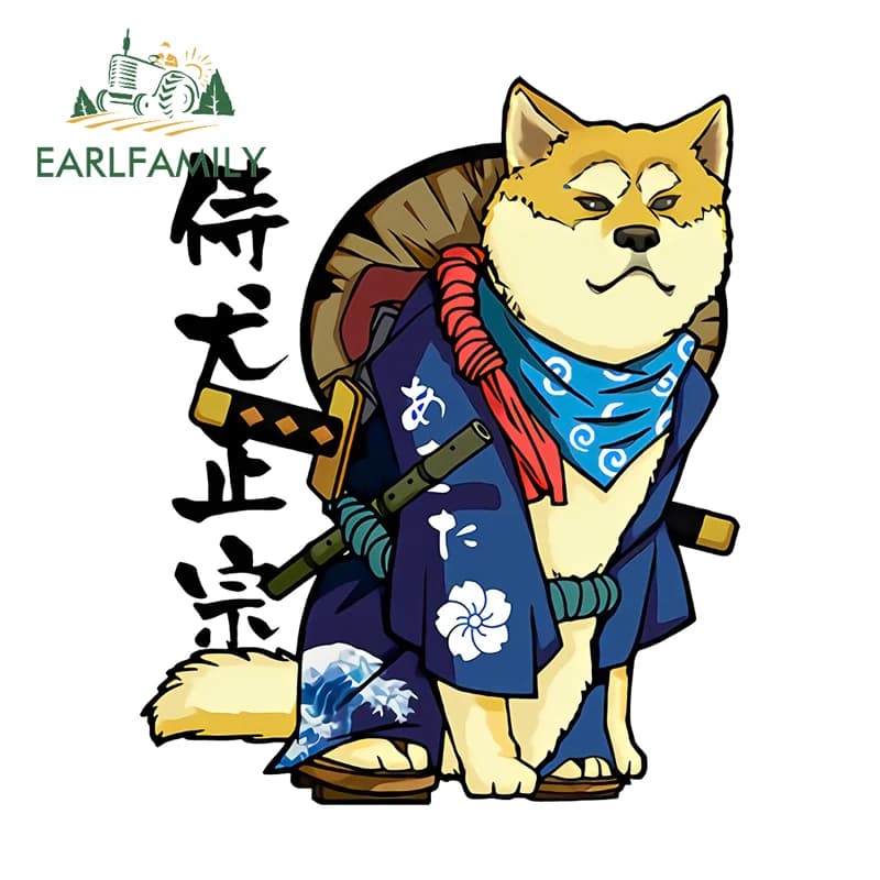 EARLFAMILY Puppy Samurai Car Stickers Interesting Scratch-Proof Caravan Decals Cute Fishing Tackle Box Water Bottle Accessories