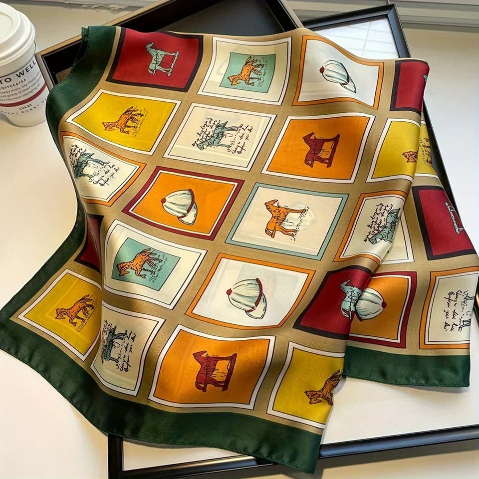 Sciarpa quadrata con stampa cavallo a griglia da 27,55 pollici Sciarpa al collo in seta simulata Elegante foulard con protezione solare per le donne