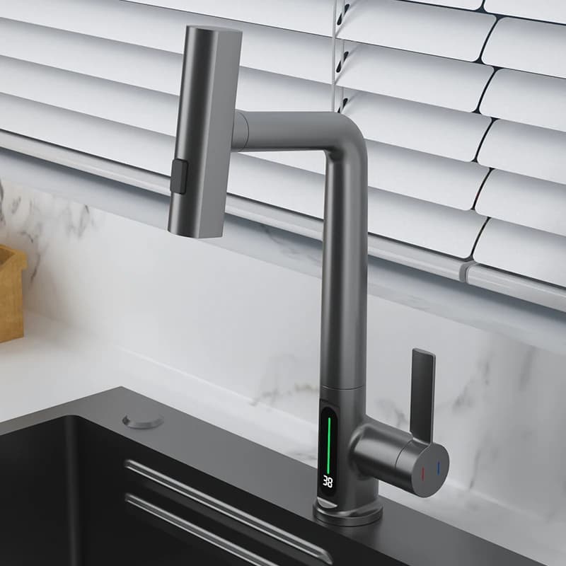 Rubinetto da cucina a cascata con display digitale della temperatura, doccetta estraibile, miscelatore per acqua calda e fredda per lavello da cucina