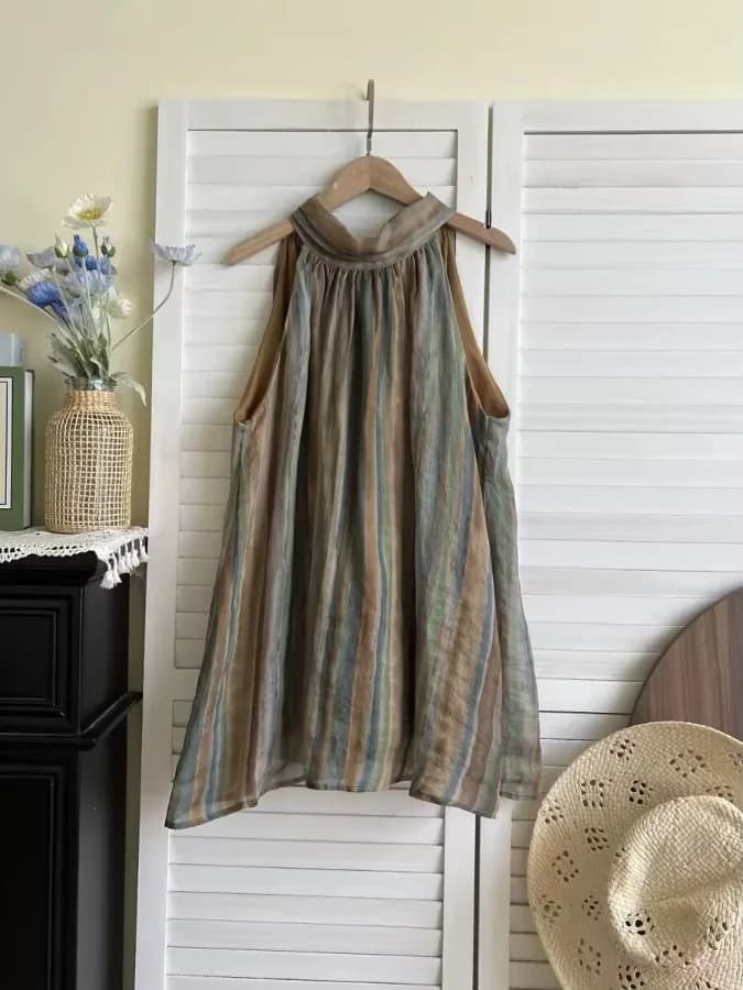 Summer Cotton Linen Gradient Stripe Neck Hanging Vest Large Size Women's Sleeveless Knot Belted Fashionable Versati...