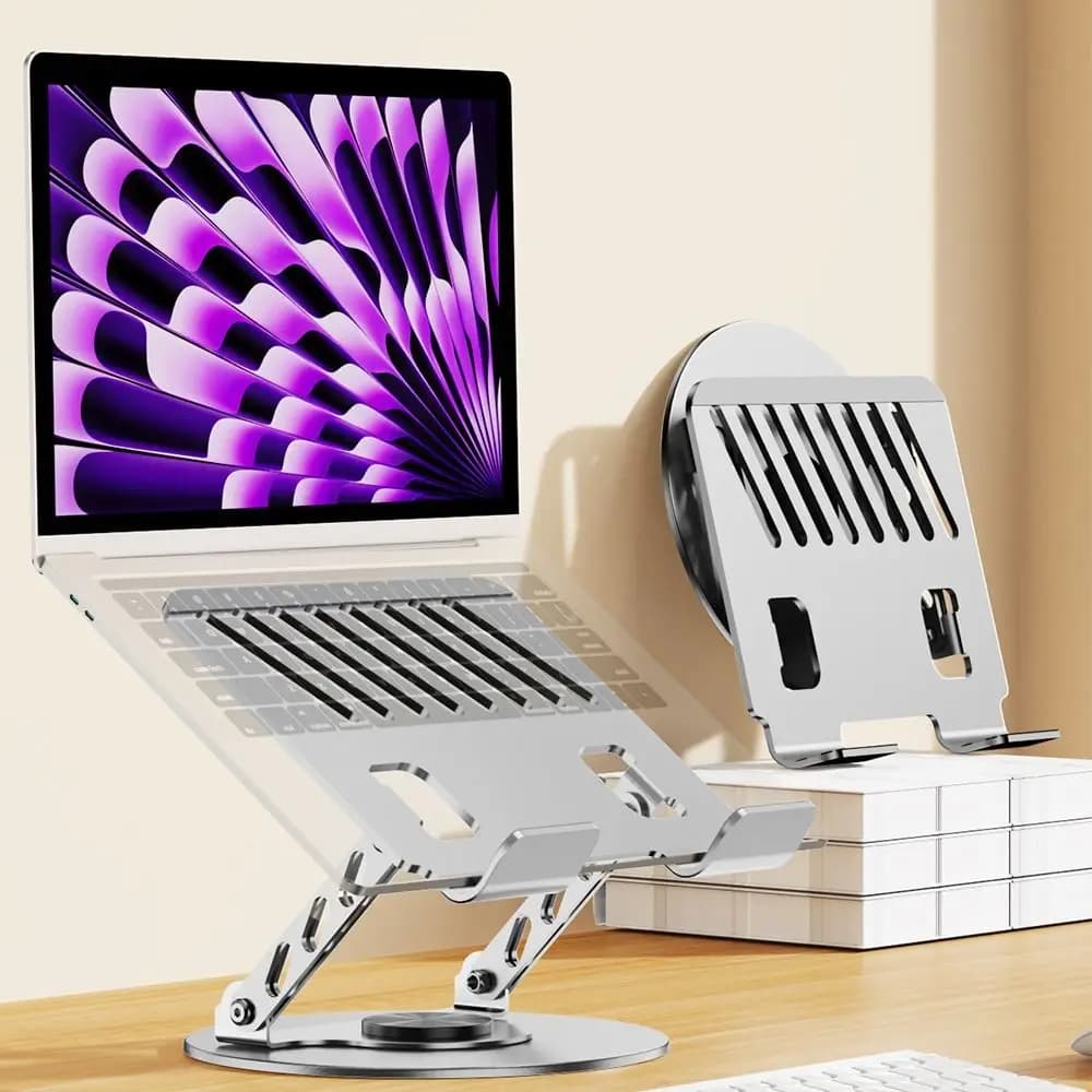Adjustable Height 360° Rotatable Tablet Stand Carbon Steel Anti-slip Foldable Laptop Holder Ventilated Base Silver