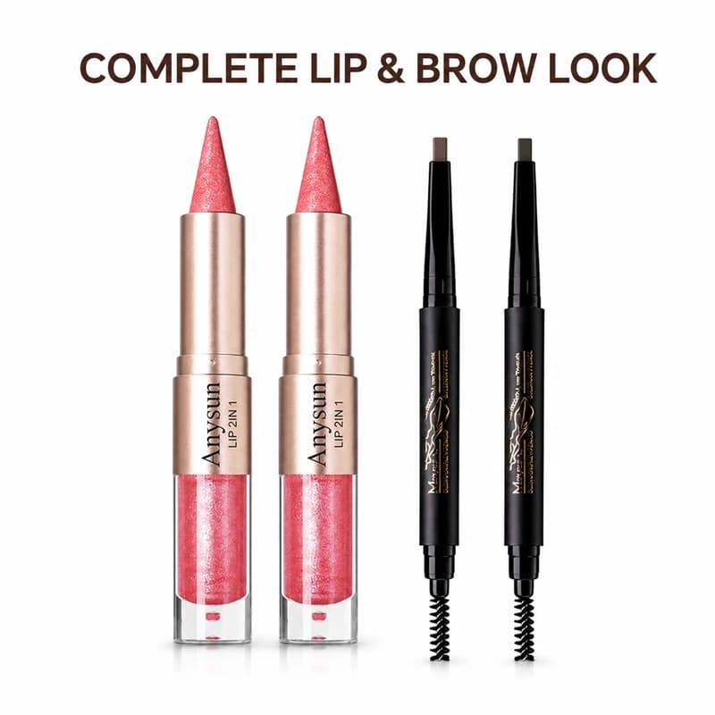 4PCS Lip Gloss Eyebrow Pencil Makeup Set, 2-Pack 2-in-1 Double Ended Lip Liner & High Shine Gloss + 2-Pack Dual Ended Waterproof Brow Pencils with Angled Tip & Spoolie, Long Lasting Smudge-Resistant Lip and Brow Kit for Easy Natural Makeup for Women
